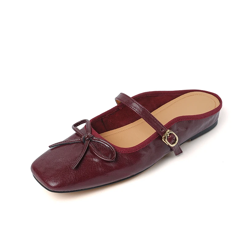 

Vintage Lambskin Slides 1cm Wedge 1.5cm Inner Height Square Toe Buckle Bow Beige Burgundy Women Retro