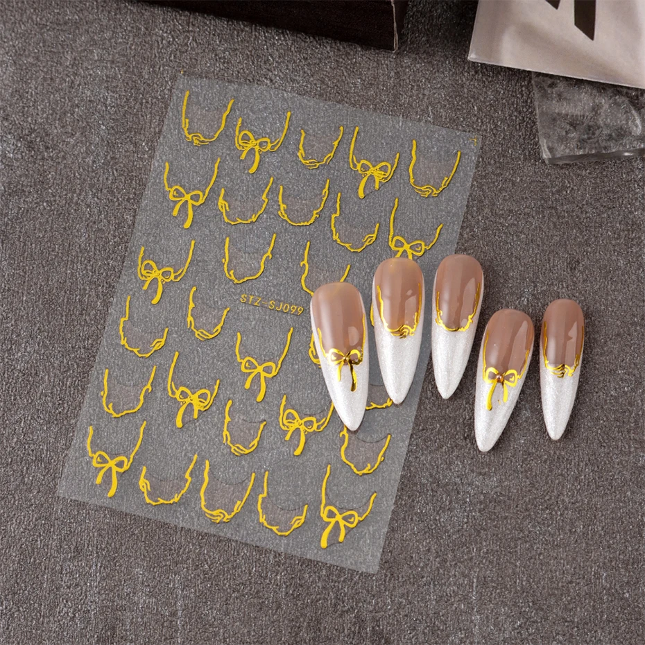 3D Gold Bowknot Line  Nail Stickers Striping Tape Design Noble and Elegant Geometry Nail Decal  Slider Manicure Nail Decoration