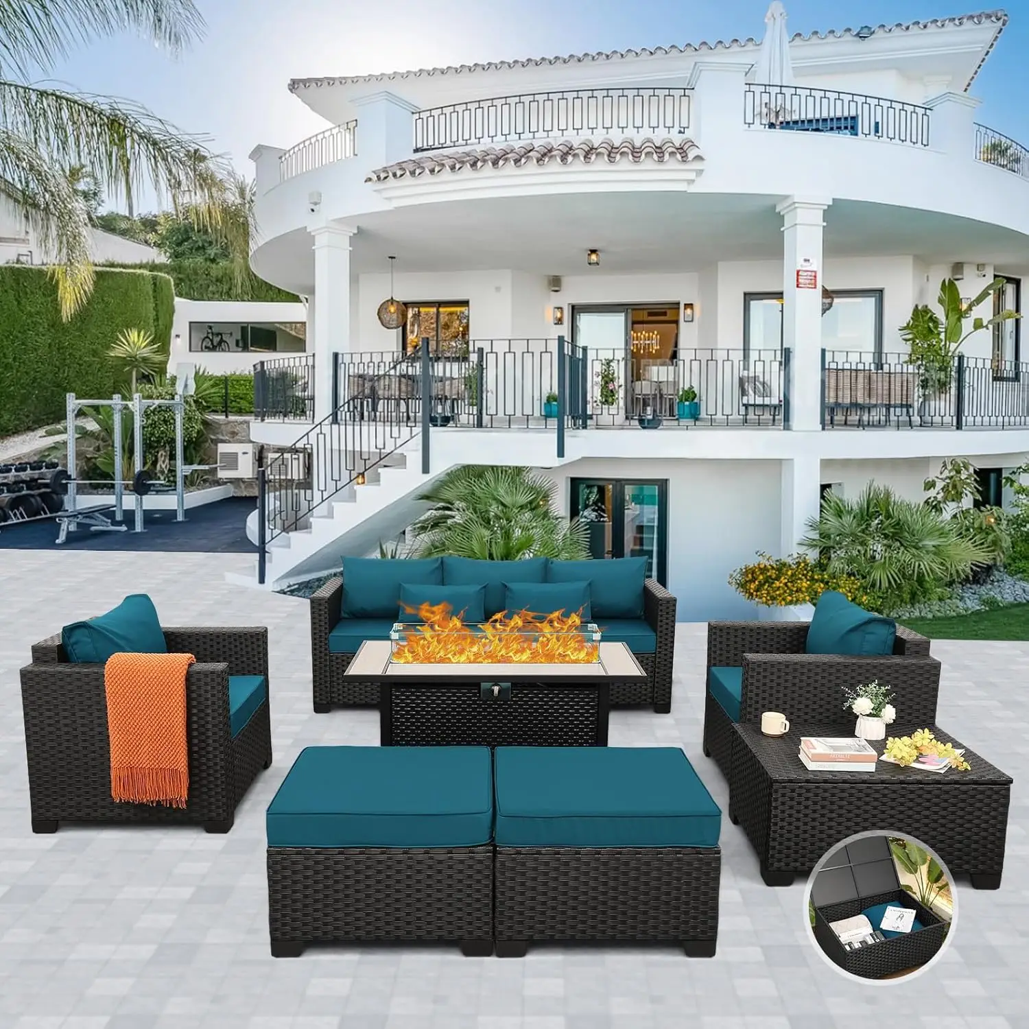 

60000 BTU Propane Fire Pit Table Set 45in 7pc Patio Sofa Chairs Anti-slip Cushion Waterproof Cover Custom