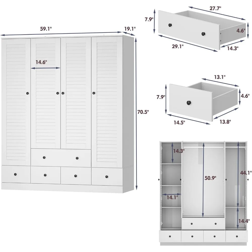 4 Shutter Door Wardrobe Armoire Closet with Shelves and 5 Drawers,Armoire Wardrobe Closet with 2 Hanging Rods,for Bedroom White