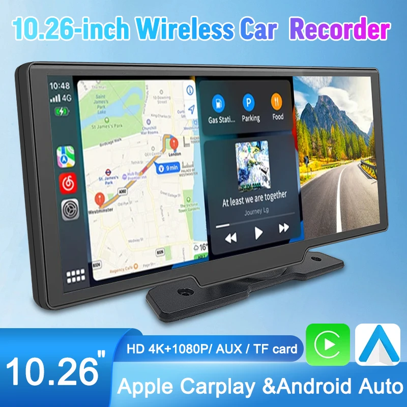 10.26 pollici Dashcam Wireless Carplay e Android Auto 4K anteriore e 1080P fotocamera posteriore DVR per Auto GPS Navi Wifi registratore Bluetooth