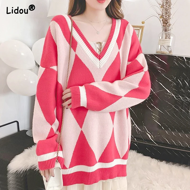 2023 Autumn and Winter High-end Westernized Versatile V-neck Diamond Checkered Printed Color Blocking Super Oversized Sweater