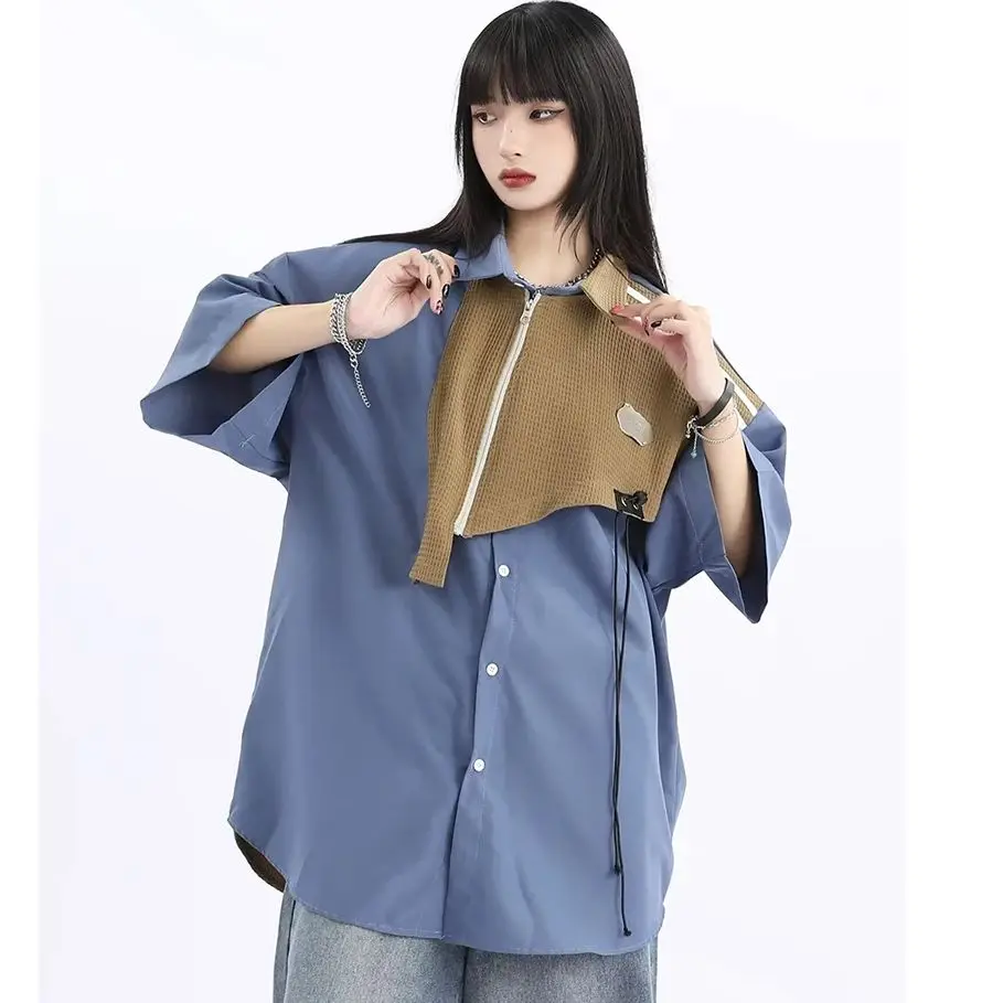 

Patchwork Oversized Cargo Shirts Men Summer Japanese Style Mens Shirt Short Sleeve 2 Colors