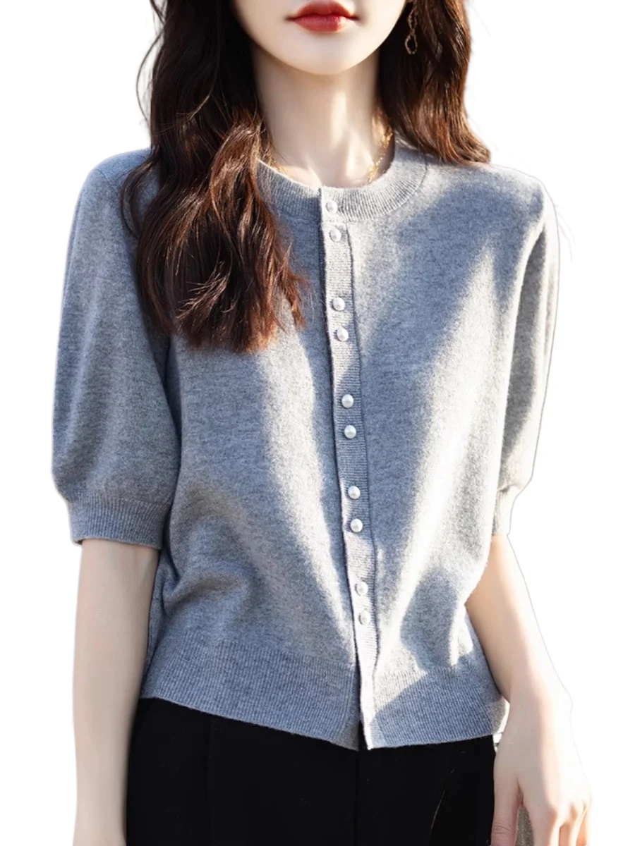 

French Style Pearl Button Short Sleeved Knitted Sweater Elegant Five Quarter Sleeve Thin T-shirt Versatile Loose Short Cardigan