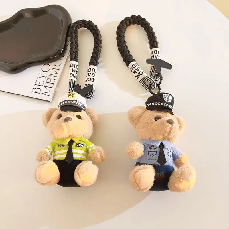 Sweet cool ins traffic police bear doll mobile phone lanyard twist thickened short black wrist strap mobile phone rope