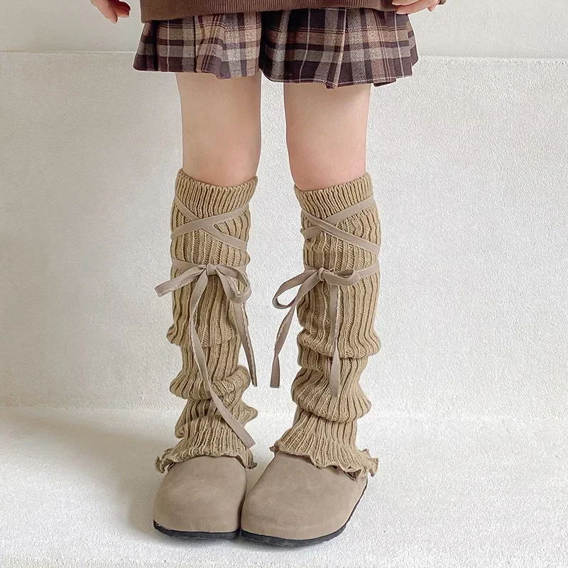 

Harajuku Japan Solid Cross Lace Up Design All Match Socks Y2k Aesthetic Vintage Punk Streetwear Leg Warmers Ruffle Warm Stocking