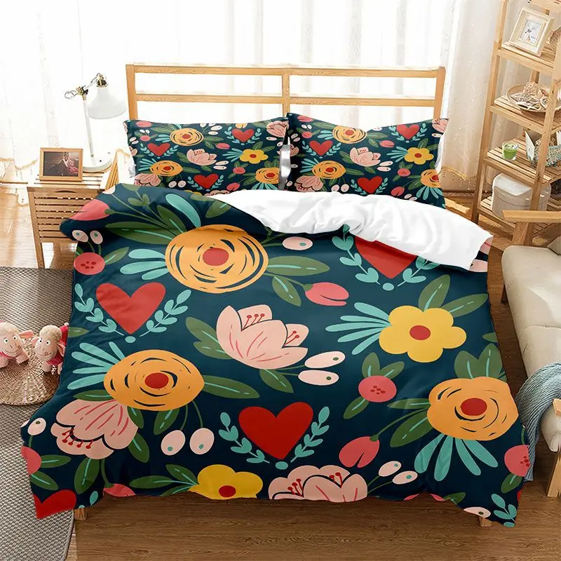 

Floral Kid Duvet Cover King/Queen Size,Colorful Cartoon Flower and Green Leaf Print Soft Quilt Cover for Girl,with 2 Pillowcases