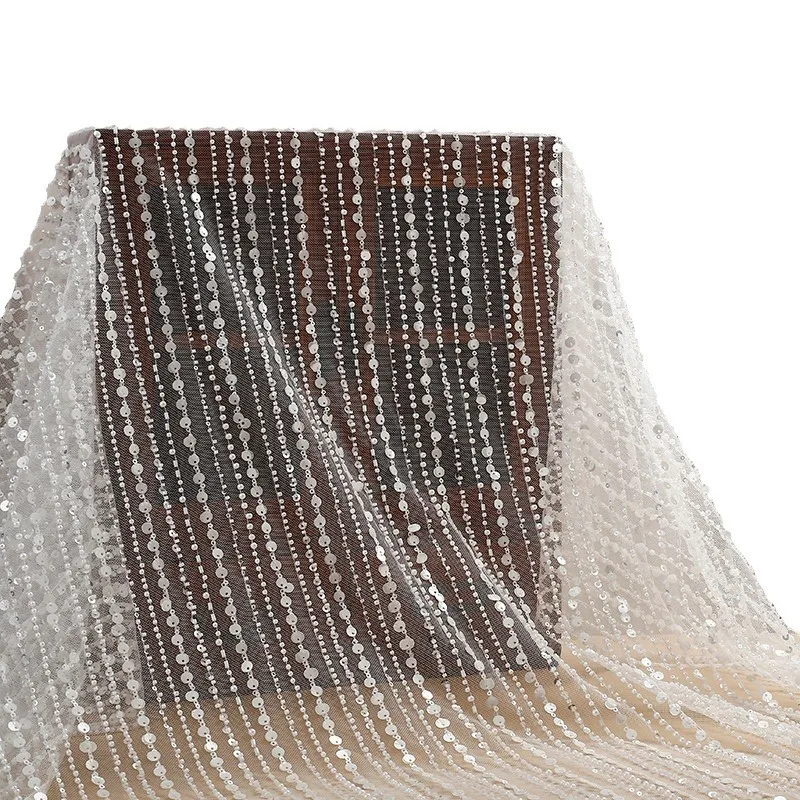 

French Striped Embroidered Pearl Sequin Beading Lace Fabric Design for Custom Luxury Wedding Dress DIY Bridal Gown Material