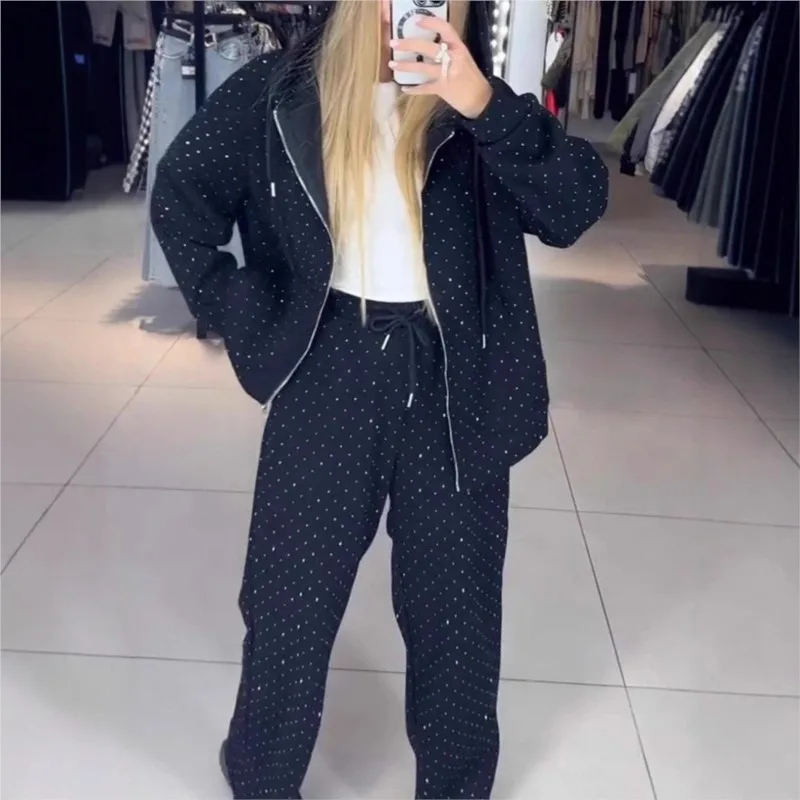 Fall Winter Rhinestone Diamonds Hooded Sweatshirt Two Piece Set Women Tracksuits  Coat Drawstring Pants Retro Loose Sport Suit