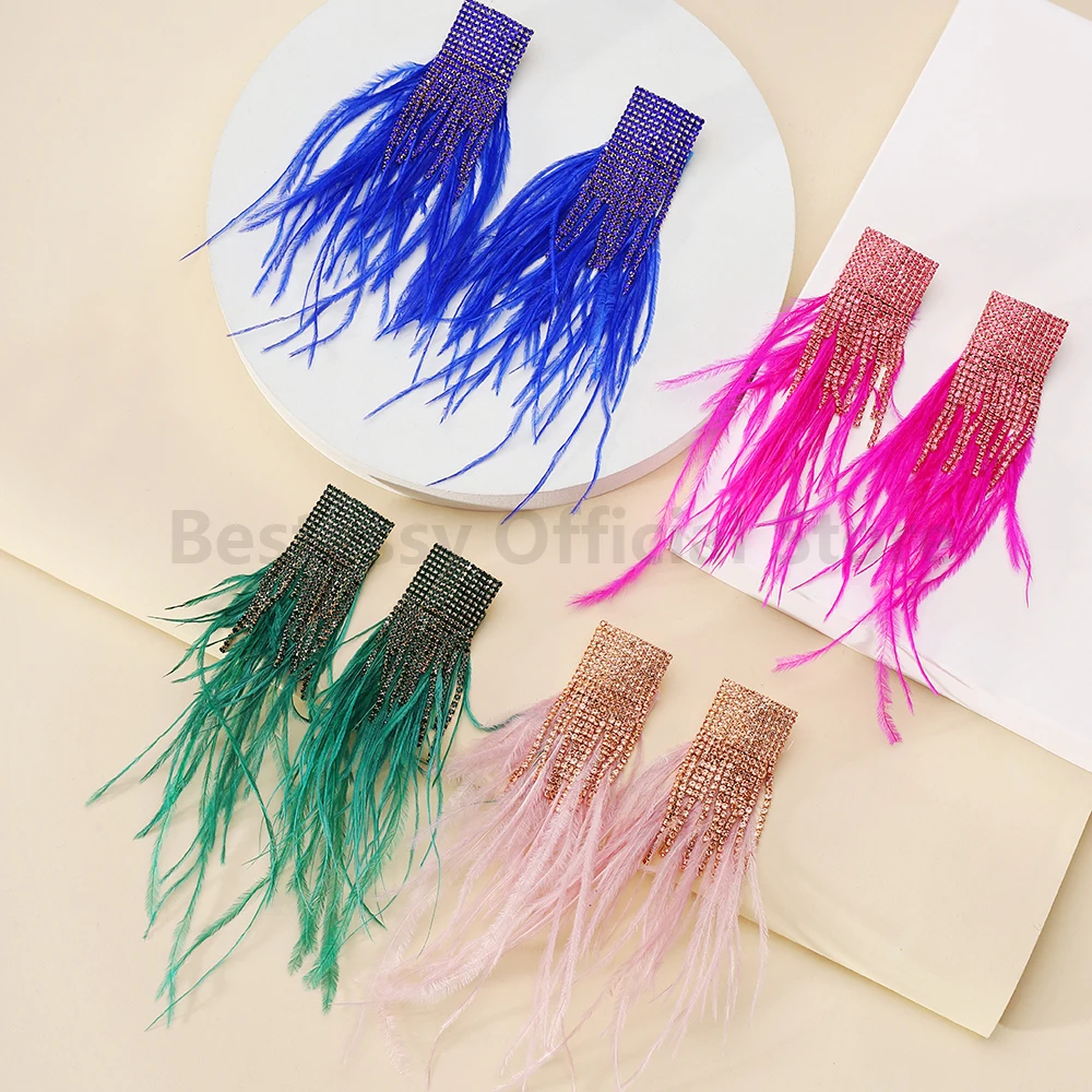 Fashion Long Feather Drop Earrings For Women Inlaid Shiny Crystal Luxury Elegant Tassel Design Ear Pendant Party Vintage Jewelry