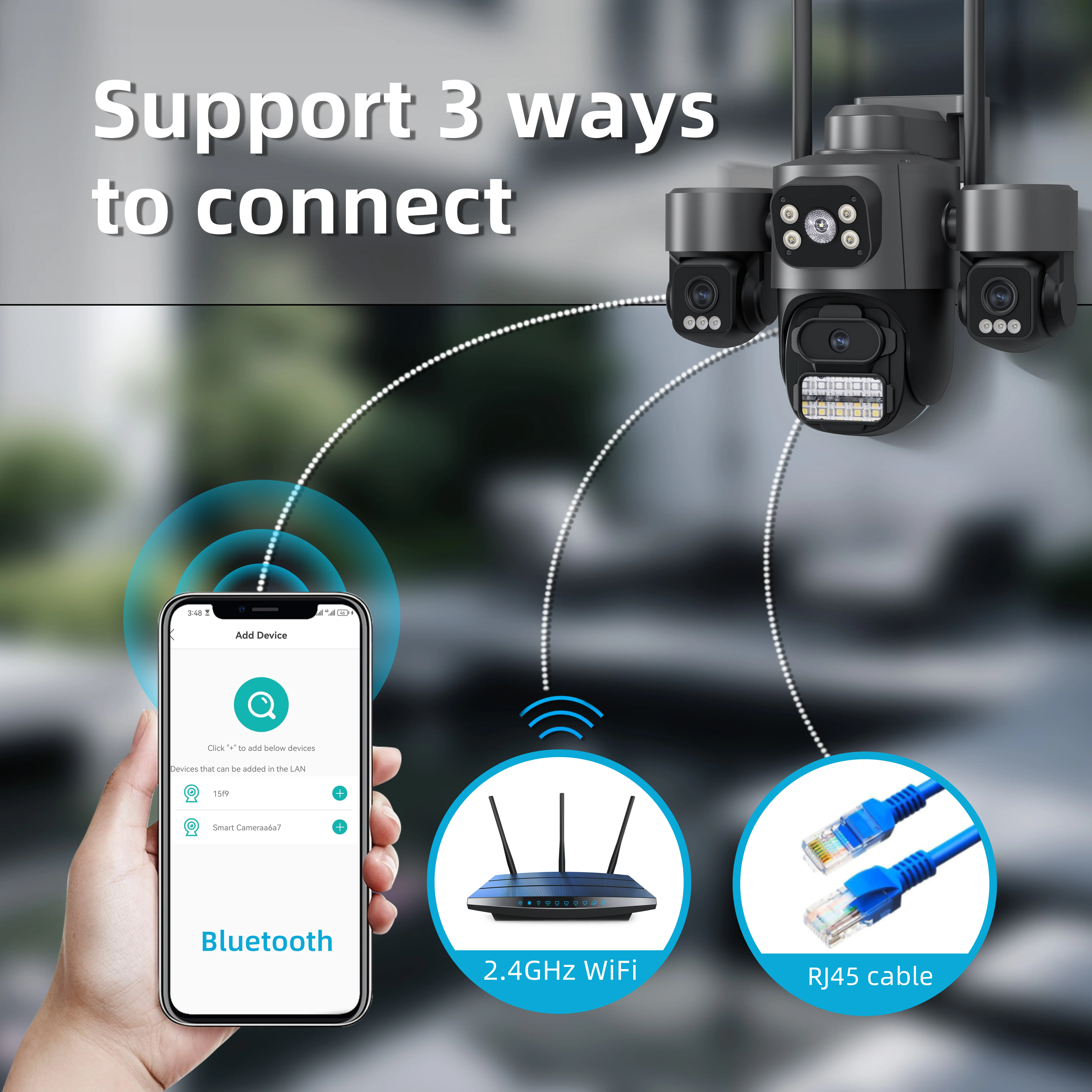 حار بيع iCsee 3 عدسة 3 شاشة واي فاي كاميرا 360 °   تتبع تلقائي CCTV خارجي مقاوم للماء، كاميرا مراقبة WiFi ICsee