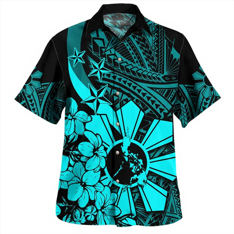 Philippines Hibiscus Plumeria Flower Shirts For Men 3d Printed Polynesian Blouse Tops Short Sleeves Loose Lapel Hawaiian Shirt