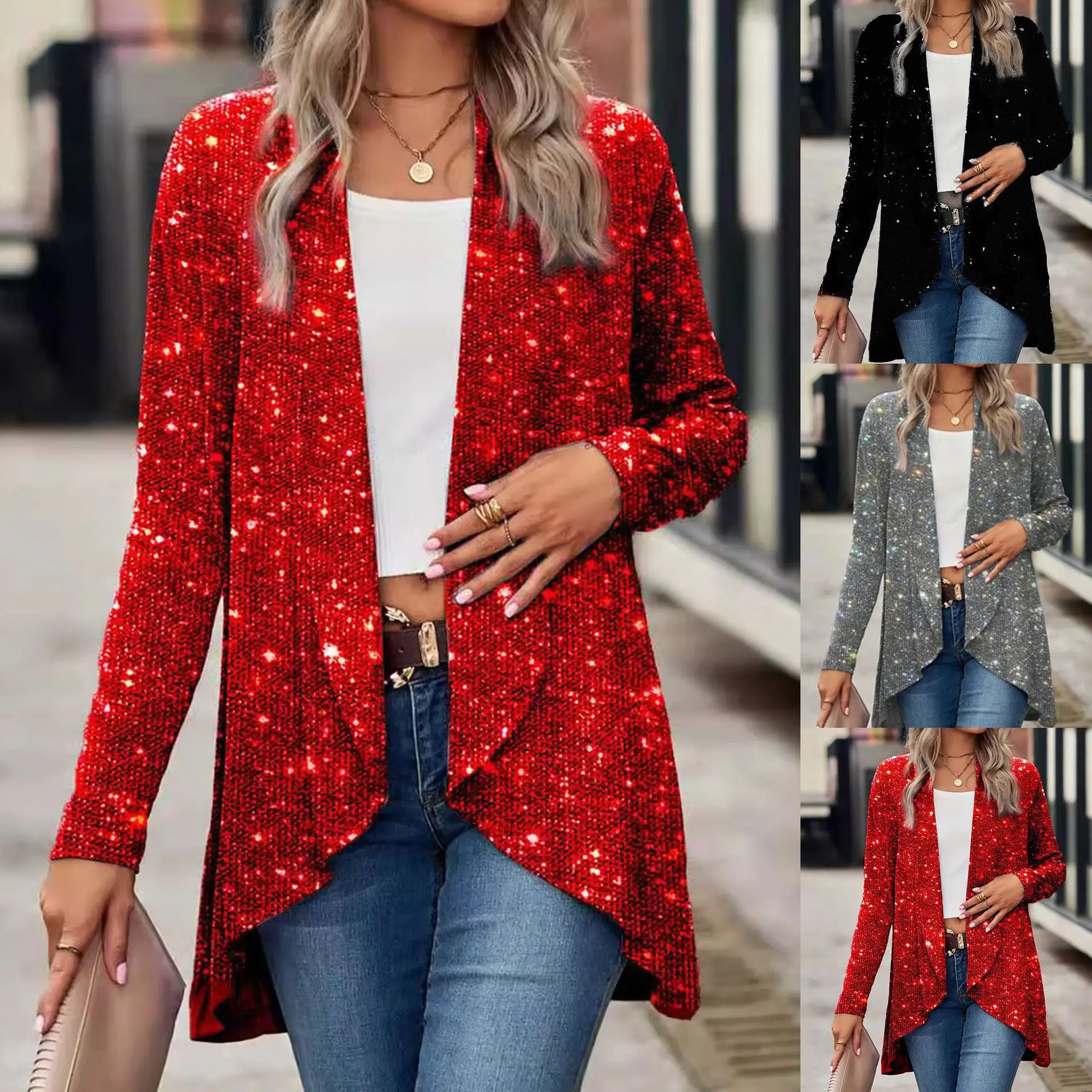 

Women's Casual Long Sleeve Jackets Shinny Sequin Solid Open Front Cardigan Outerwear Shining Party Nightclub Long Coat Tops