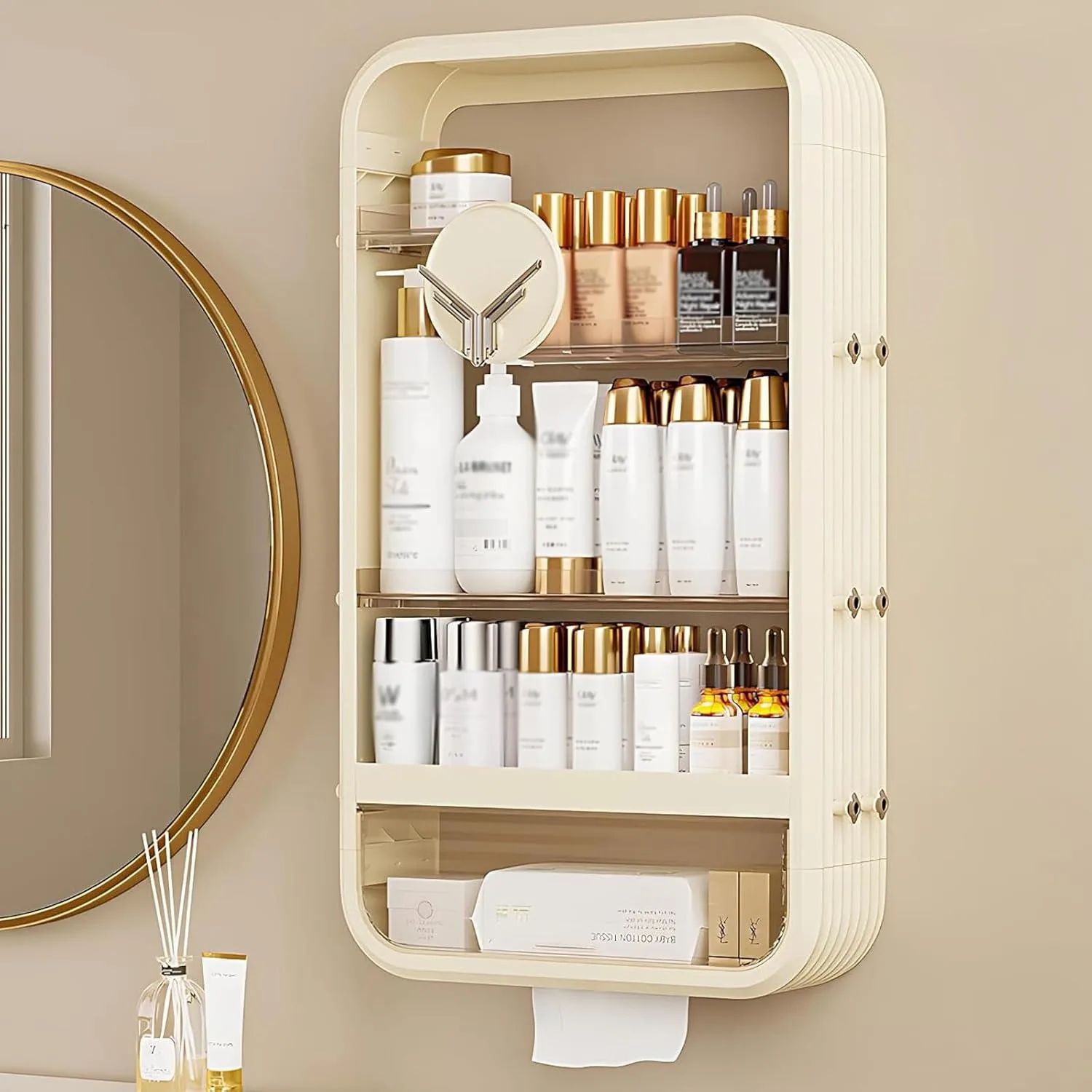 Wall Mount Makeup Organizer,Adhesive Shelf Bathroom Shelves for Wall, Perfume Organizers with Tissue Hole No Drilling Hang Walls