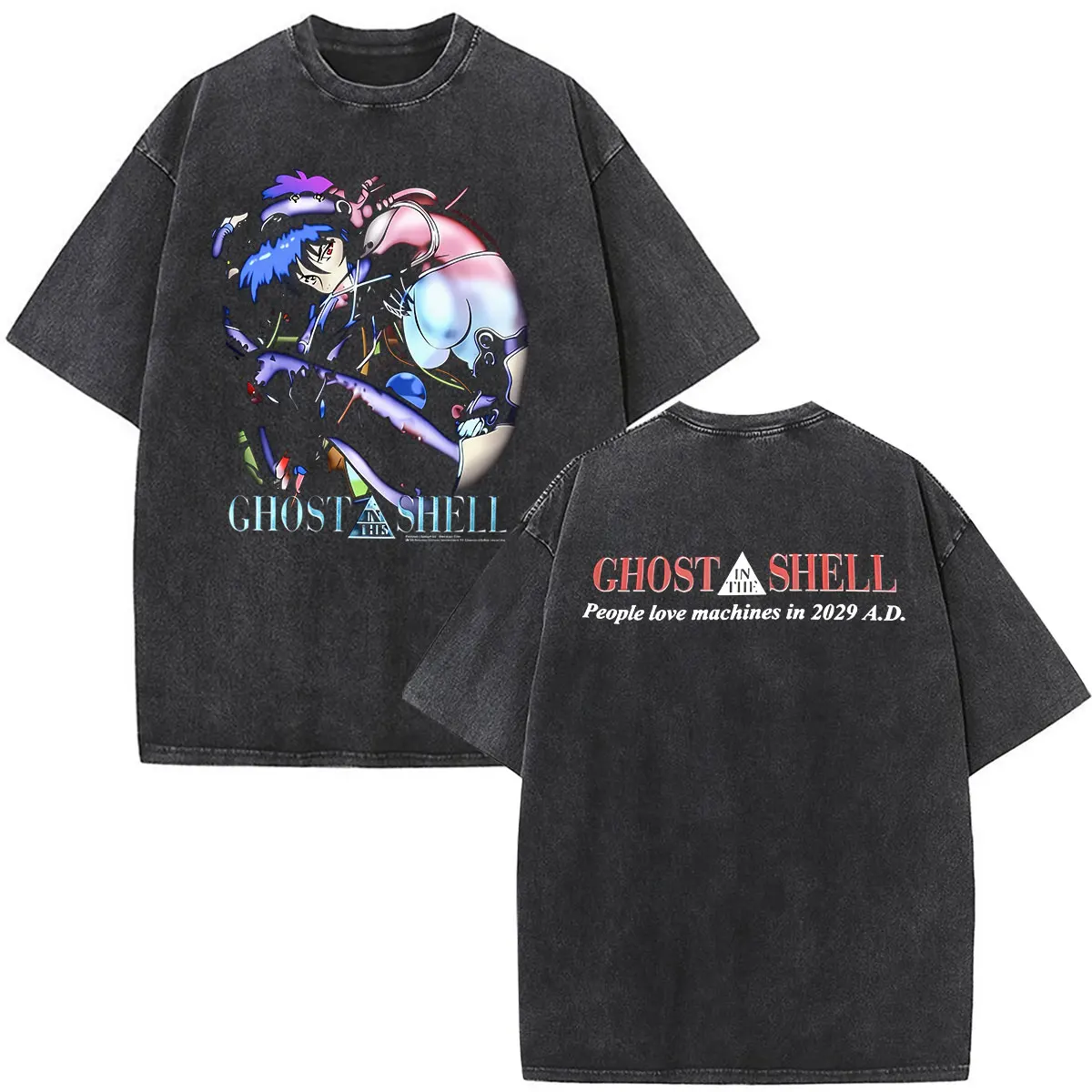 Anime Ghost in The Shell Motoko Kusanagi Vintage Washed T Shirts Men Women Clothing Fashion Punk Short Sleeve Oversized T-shirts