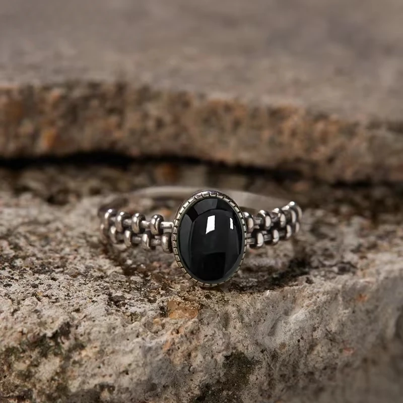 Nouveau S925 bague en argent Sterling naturel noir Onyx Vintage Unique fête Couple cadeau bague pour femme