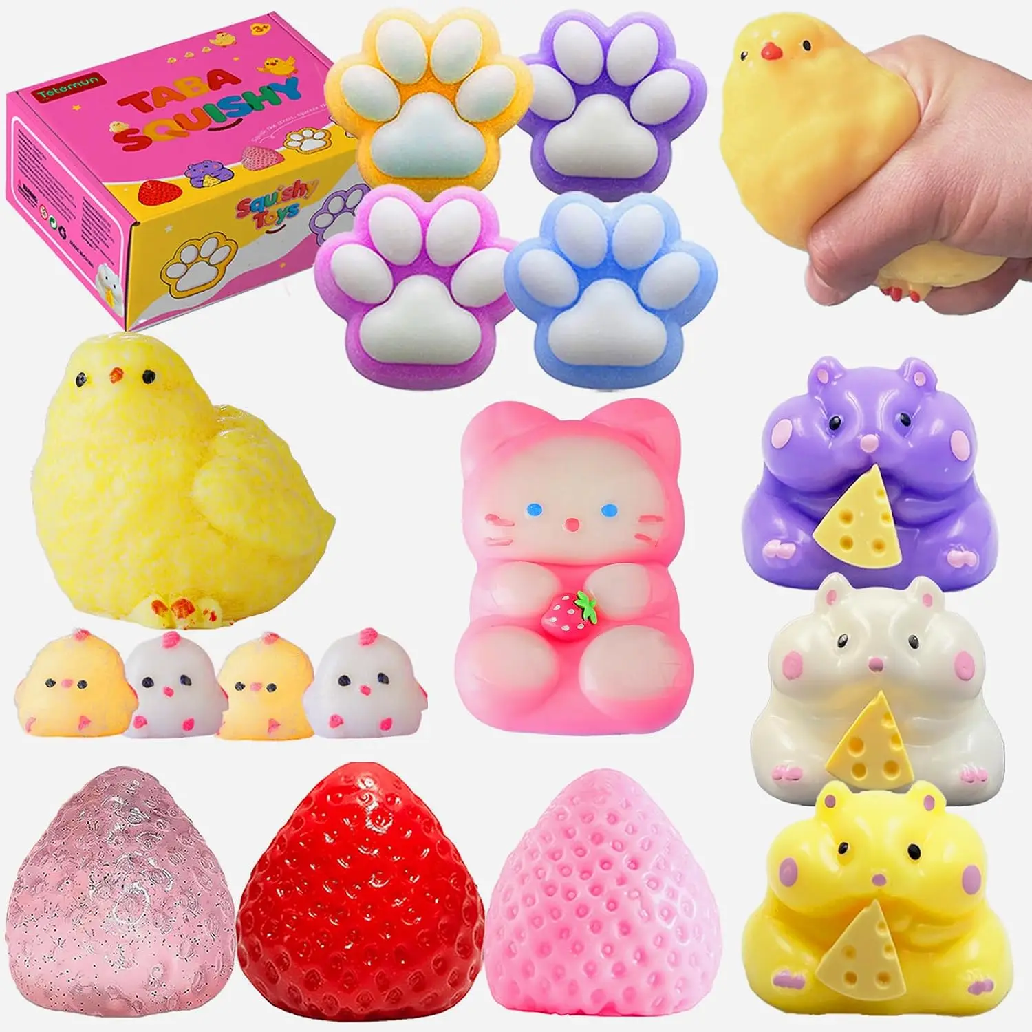 

16 Pcs Big Taba Squishy Pack, Squishy Fidget Toys Kit, Include Squishies Chick , Cat Paws, Hamster, Strawberry Stress Relief for Kids & Adults, Party Favors Classroom Birthday Gift for Girls, Boys