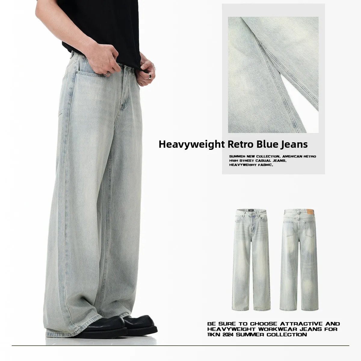 

Retro Light Blue Men's Jeans Vintage Distred Wide Leg Slimming Straight Casual Loose Fit Classic American Sle Cotton Denim