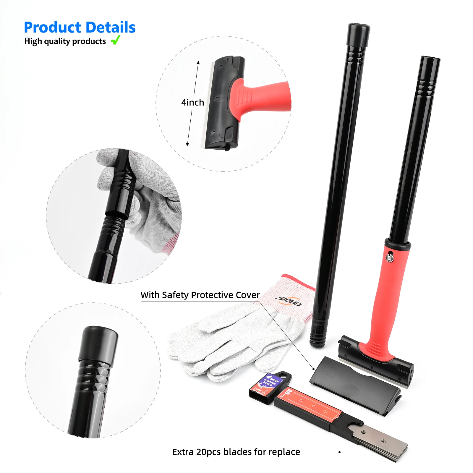 EHDIS 4'' Blade Clean Scraper Work Gloves Tool Set Household Wallpaper Car Sticker Removal Extended Handle Squeegee Shovel Knife