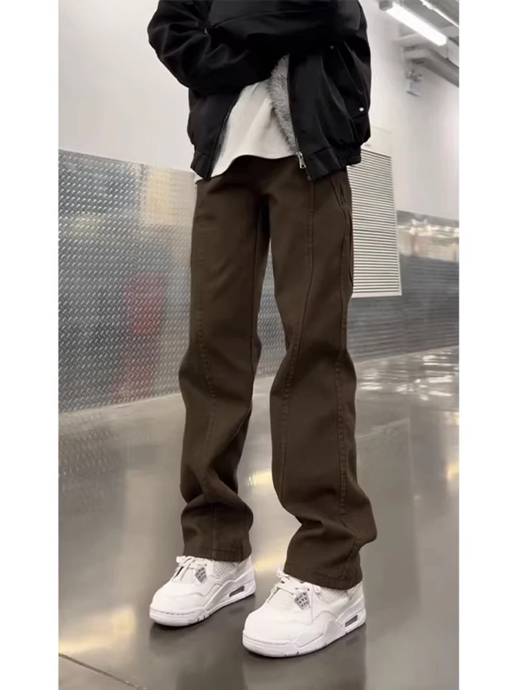 

Slanted Cut Fce Lined Straight Leg Jeans Men's Vintage Vibe Micro Flare Pants Long Knife Straight Tube Slimming