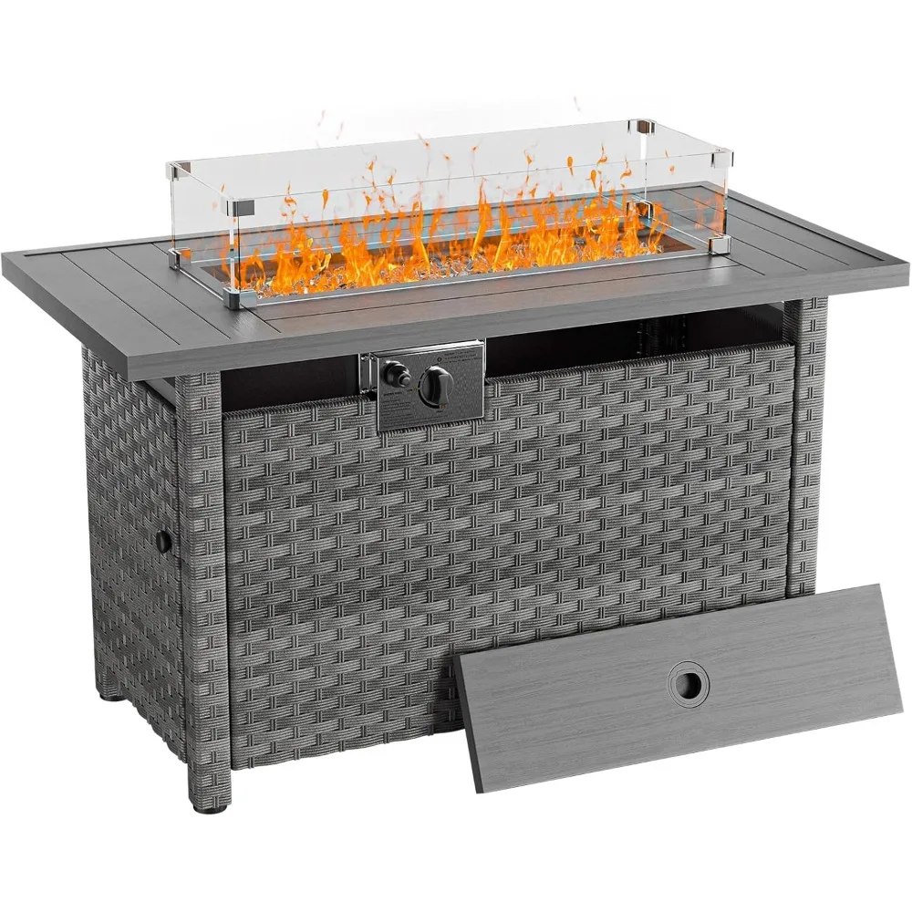 

44" Fire Pit Table with Wind Guard for Outdoor, Auto-Ignition Propane Gas Firepits Rattan Rectangular Table for Outside