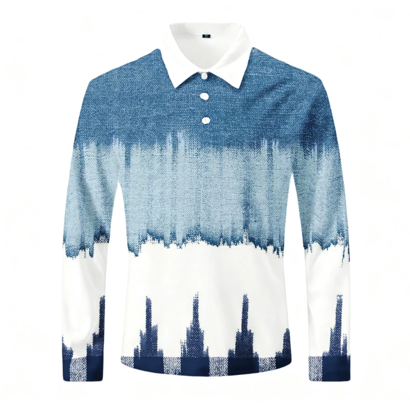Men's Gradient City Silhouette Print Polo Shirts Casual Long Sleeve Lapel Collar Button Placket Blouse Daily Golf Sports Tops