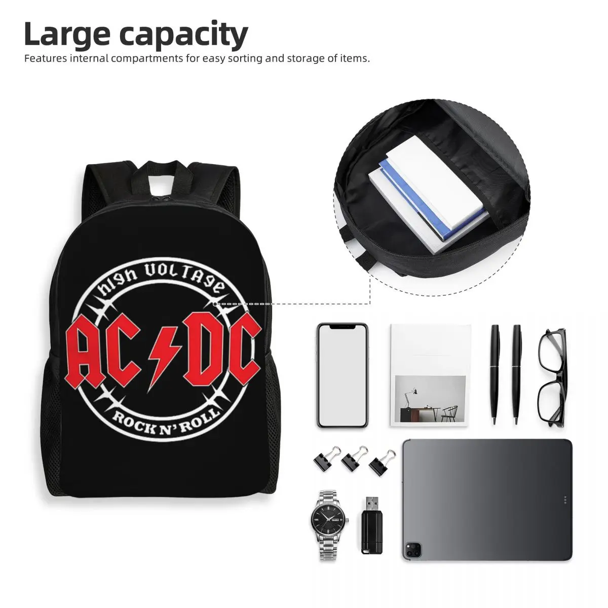 Print Vintage Rock AC DC Backpack for Girls Boys Heavy Metal Music Band College School Travel Bags Bookbag Fits 15 Inch Laptop