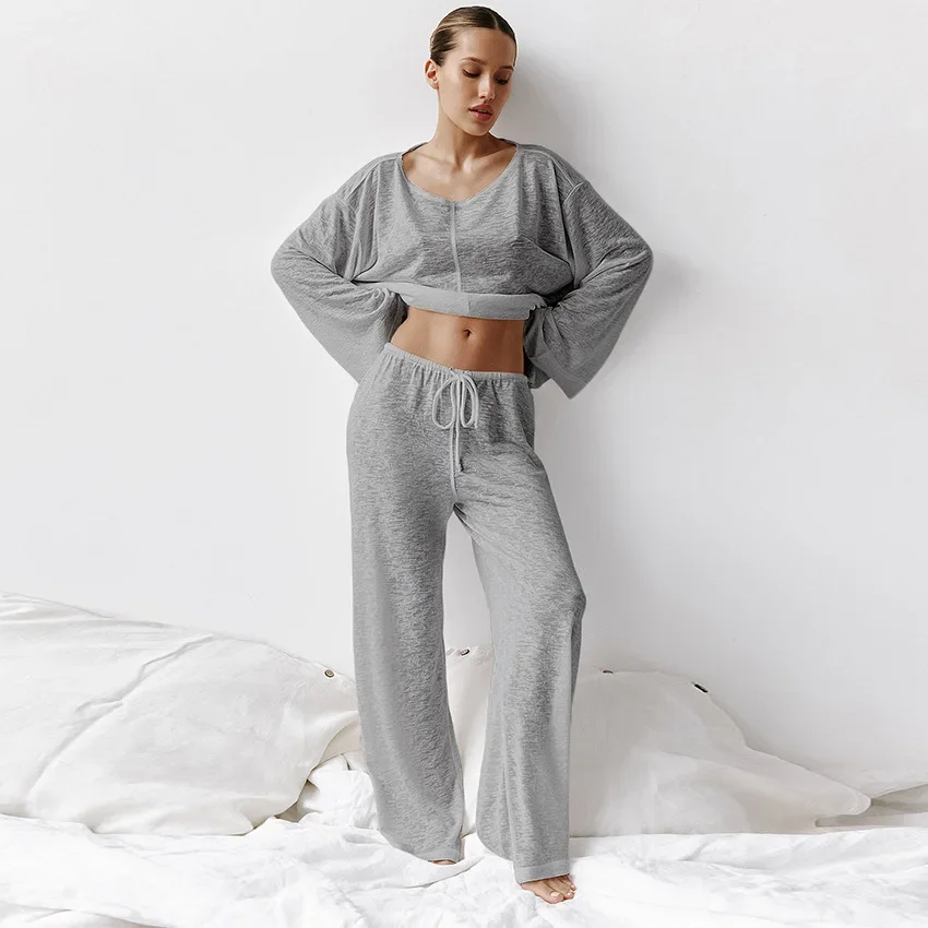 Dames Sexy Mode Gebreide Witte Ronde Hals Pyjama En Broek Met Lange Mouwen Set Effen Kleur Zachtheid Huidvriendelijke Huiskleding