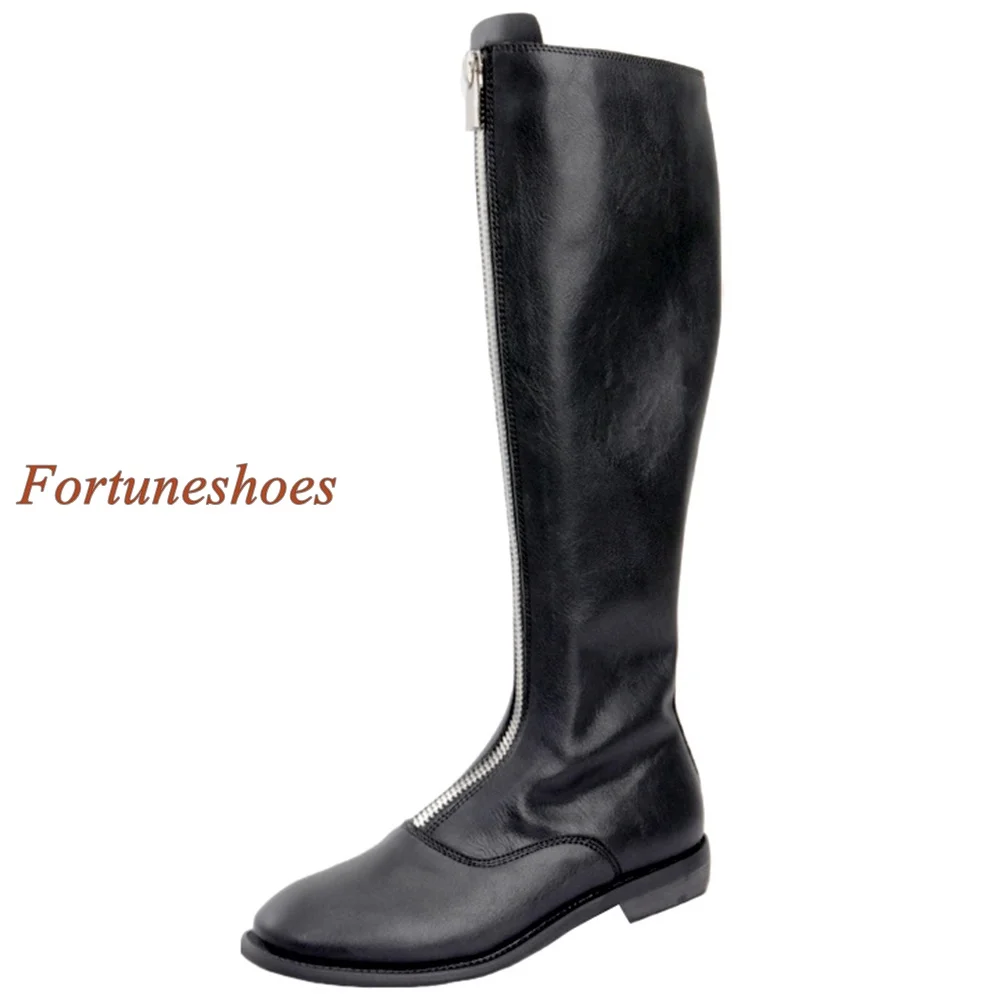 Front Zipper Chunky Heel Women Boots Fashion Casual 2024 New Arrivals Boots Solid Genuine Leather Round Toe Knee High Boots