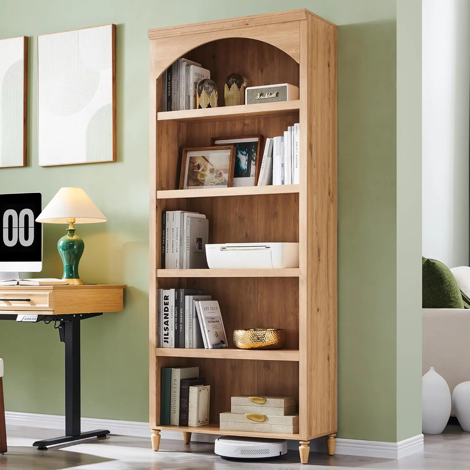 

76' Tall Arched Bookcase, 5-Tier Modern Wooden Shelf with Adjustable Storage & Open Display for