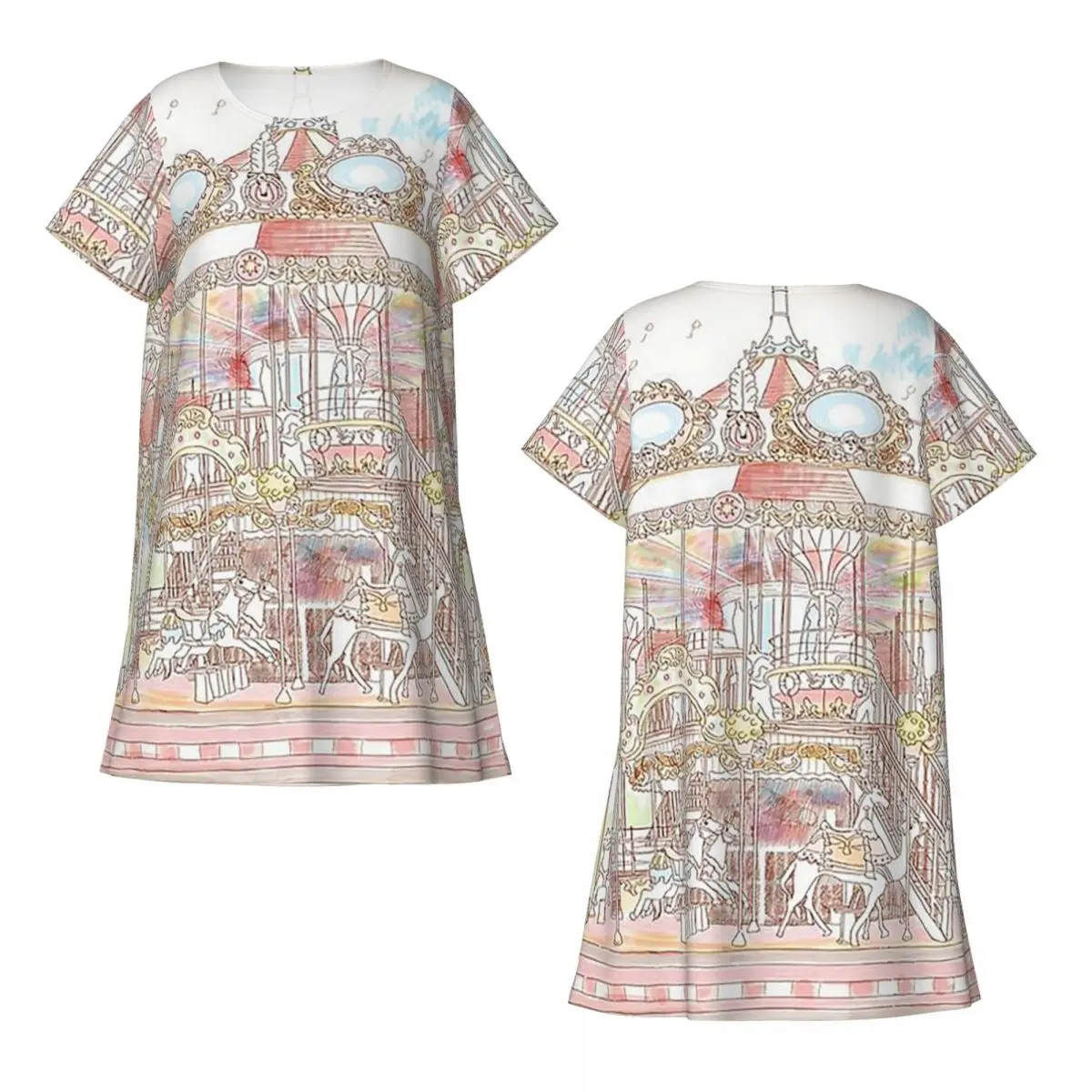 Custom Pastel Circus Carousel Short Sleeves Nightdress For Sleeping Sleepshirts Women Short Sleeve Nightgowns Soft Pajama Dress