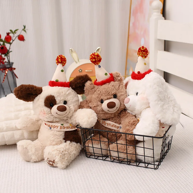 

Kawaii игрушки в виде животных с шляпой на день рождения, мягкие игрушки для собак, кроликов, медведей, куклы для девочек и мальчиков, подарки, забавные мягкие игрушки для сна