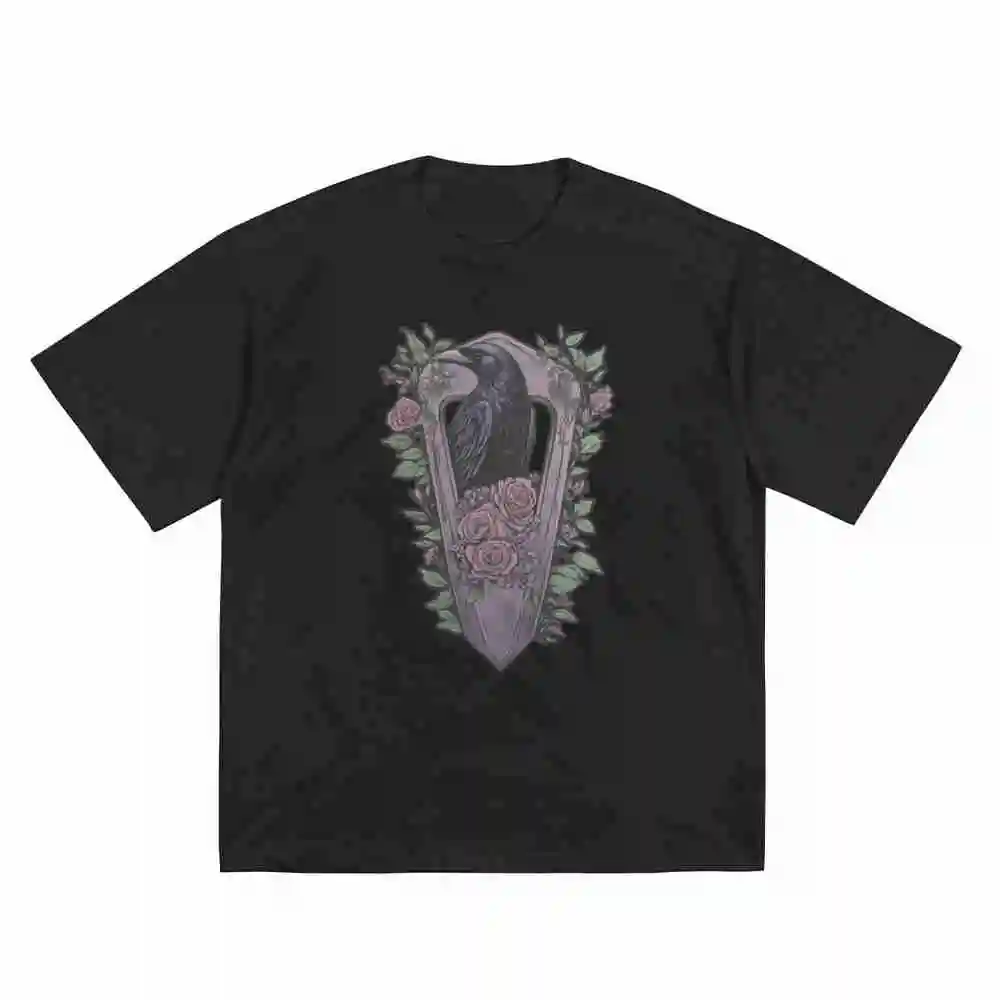 Pastel Goth Floral Raven Coffin Witchy Y2K Emo Alternative Whimsigoth Gothic Short Sleeve Tee 100% Cotton T-Shirt
