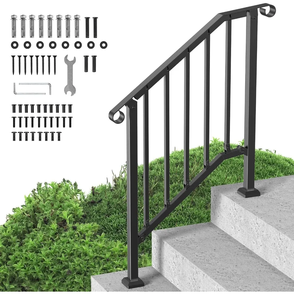 Handrails for Outdoor Steps, 2-3 Step Stair Hand Rail Kit, Transitional Carbon Steel Railings with Installation Kit, Stair Rails