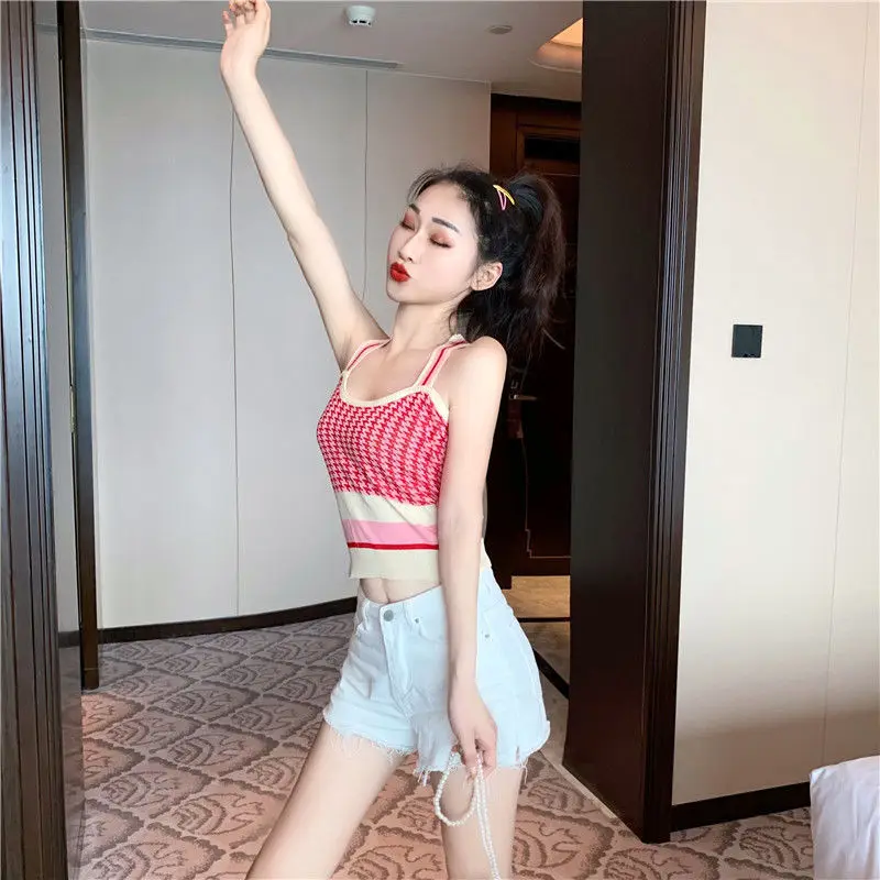 Boring Honey Summer Clothes For Women Crop Top Chequer Contrast Color Halter Tank Top Slim Basic Be All-Match Knitted Blouse