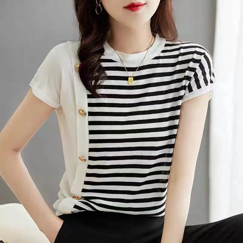 세련된 새 니트 반팔 여성용 아이스 실크 셔츠 라운드 칼라 흑백 스트라이프 코튼 티셔츠 루즈 반소매