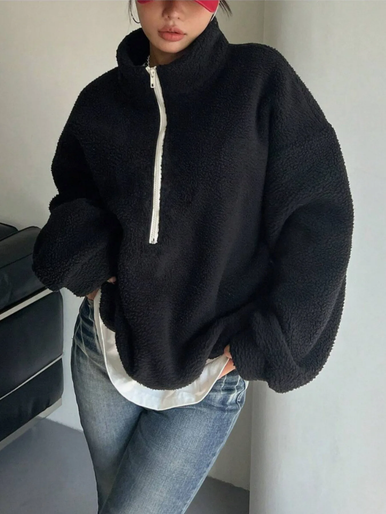 Autumn Winter Women Fleece Pullover High Neck 1/4 Zip Sweatshirts Retro Badge Green Loose Warm Teddy Outwear Harajuku Clothing