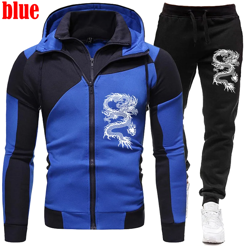 New Fashion Dragon Printed Mens Tracksuit Set Zipper Hoodie Suits Two Pieces Set Jogging Suits Sports Wear