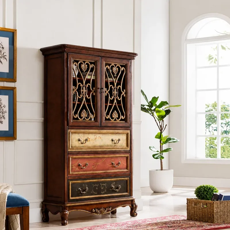 American Style Wine Cabinet with Three Buckets and Two Doors TV Side Table Storage Locker Hollow Bookcase for Villa Living