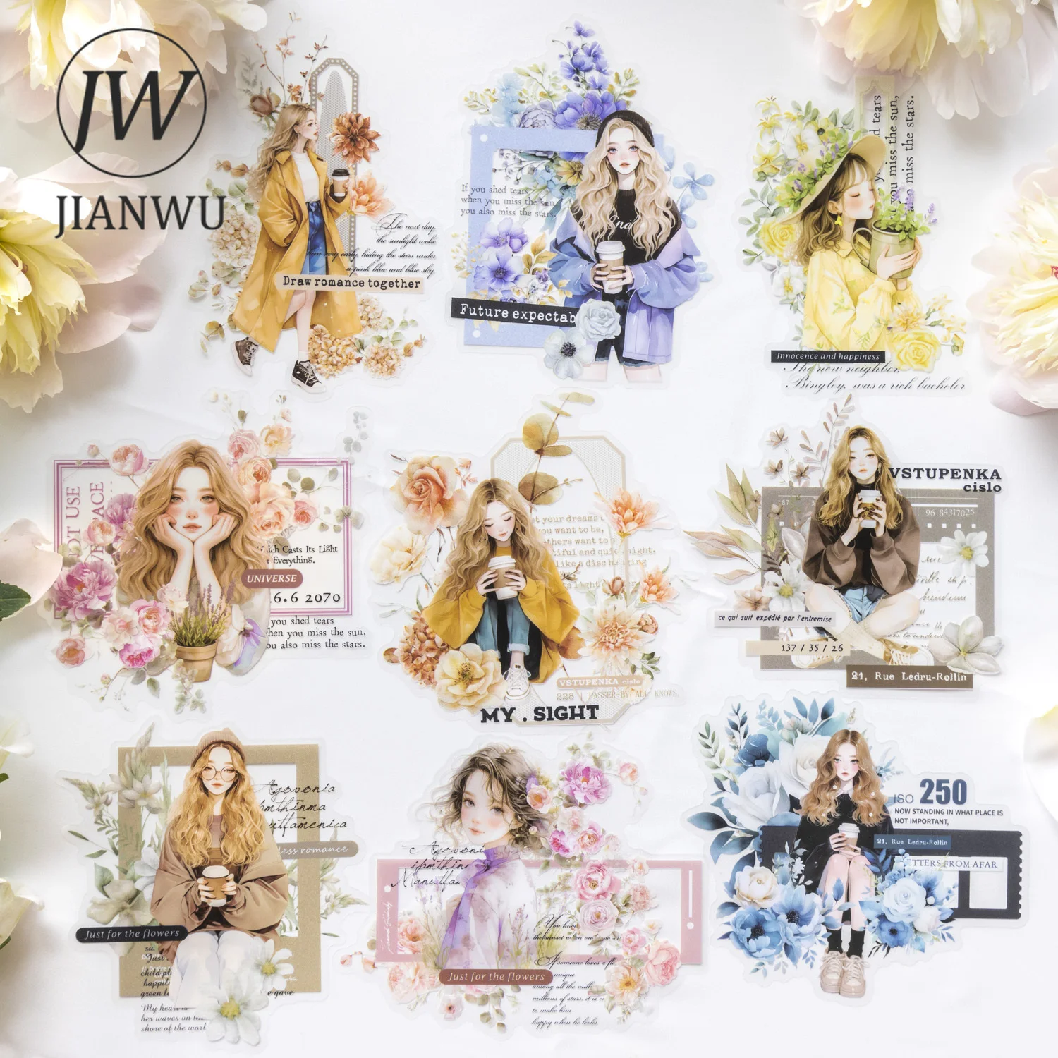 JIANWU 10 fogli The Romance of A Bouquet Series Vintage Character Material Collage PET Sticker Creative DIY Journal Stationery