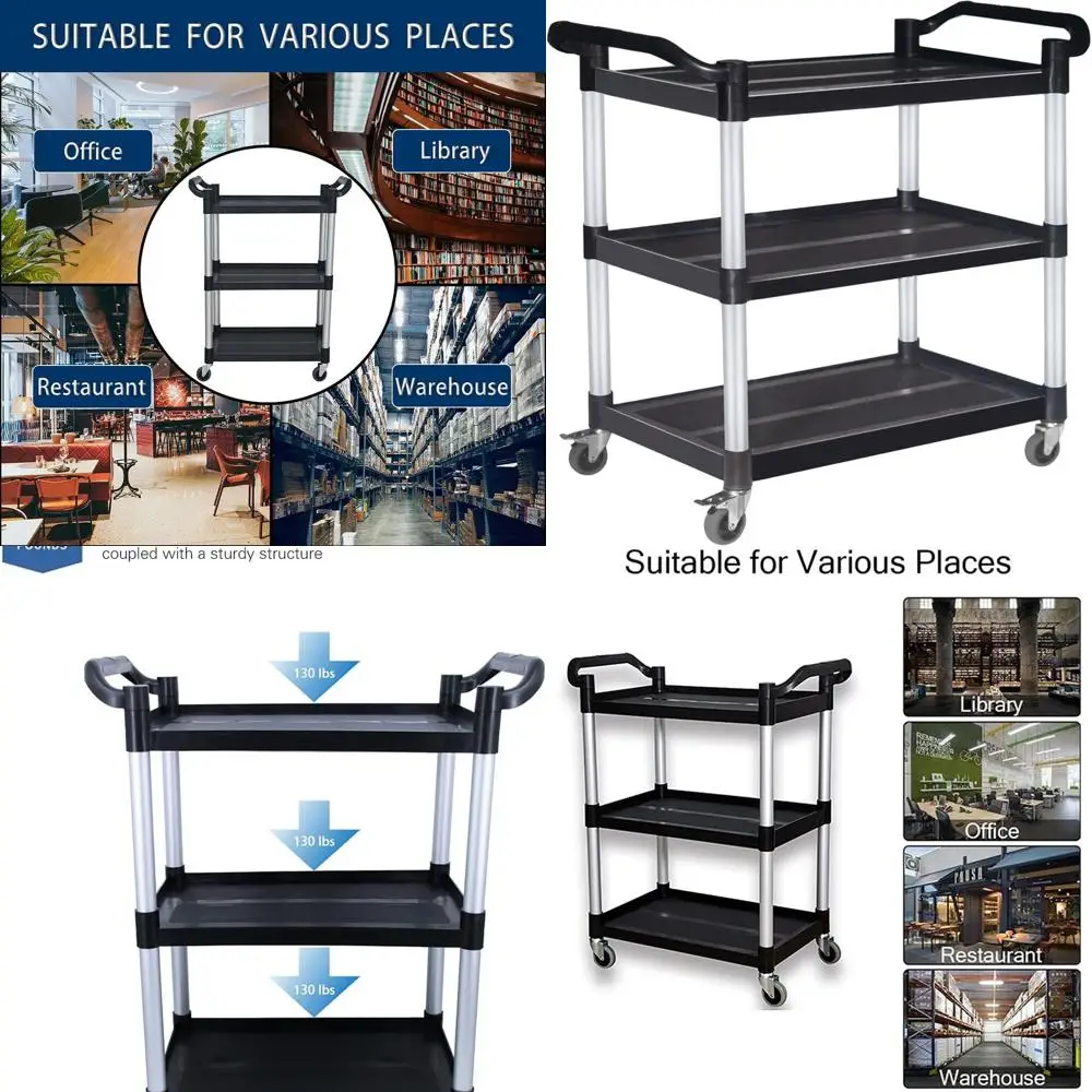 Carrinho utilitário com fechadura para serviço pesado com rodas, capacidade de 390 libras, ideal para restaurante, casa, escritório, cozinha e oficina, preto