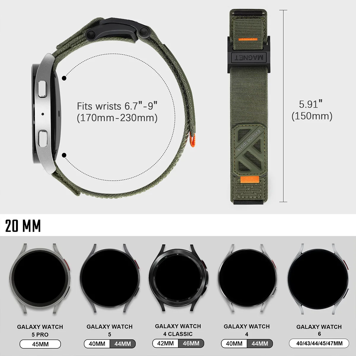 20 มม.22 มม.ไนลอนแม่เหล็กสําหรับ Samsung Galaxy นาฬิกา 7 6 5 4 40/44 มม.6 CLASSIC สร้อยข้อมือสําหรับ Huawei Watch5 GT5 4Pro 3 46 มม.