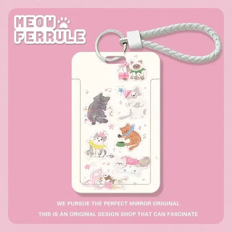Cute Pink Cat Keychain Photo Sleeves Student Bus Card Meal Card Protection Case Acrylic Photocard Holder Kpop Photocard Holder