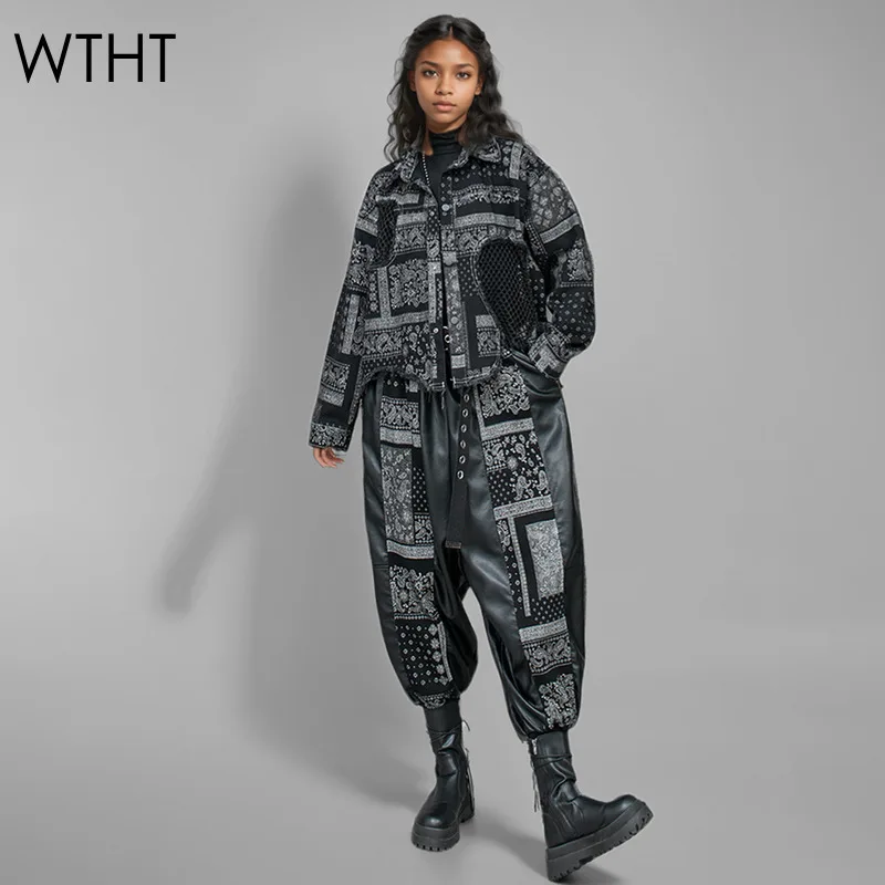 

WTHT винтажное женское джинсовое пальто из сращенной сетки с длинными рукавами и принтом, шаровары с эластичной резинкой на талии, женские 2024, зима 1LS487