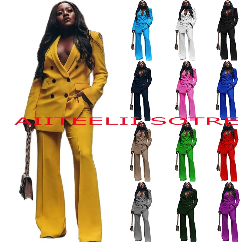 Women\'s Suit Double Breasted Jacket Yellow 2 Piece Loose Blazer Pants Lady Business Workwear Pants Set