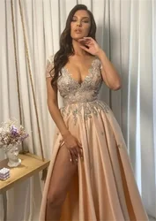 Elegant V-Neck Prom Dress For Women Lace Appliques Short Sleeves Wedding Party Dress A-Line Satin High Side Split  Evening Dress