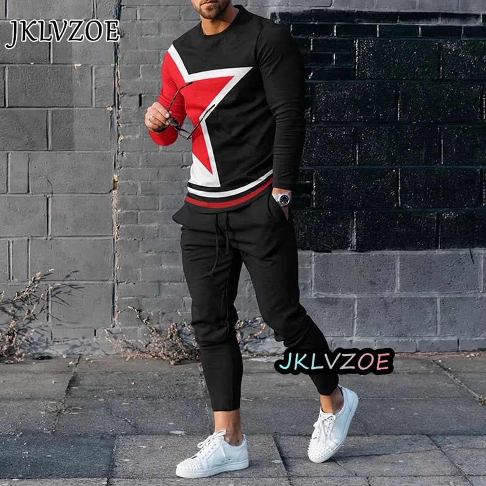 Newest Summer Men Clothing 3d Printed Men Long Sleeve Casual Sweatpants Set Men\'s Retro Long-Sleeved T Shirt Pants 2-Piece Set