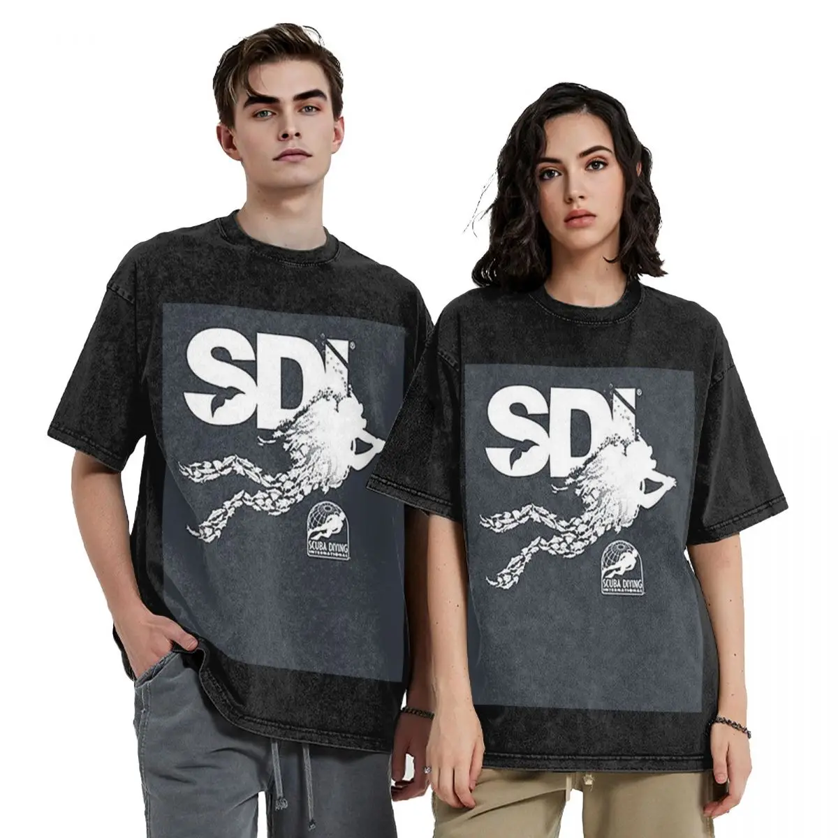 Scuba Diving International (SDI)- Scuba Fish Diver Washed T Shirts Short Sleeve Hip Hop T-Shirt Streetwear Tops Tees Men Women