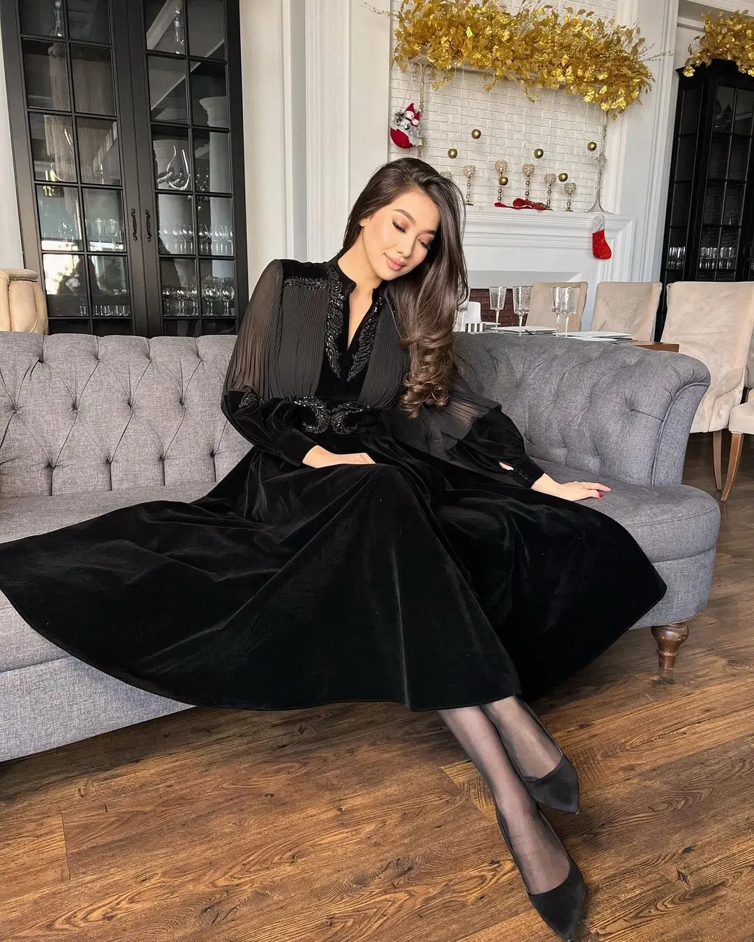 Santorini Black Velour Prom Dresses Long Sleeves Ruched Beaded Sash Graduation Party Birthday Gowns Tea Length Evening Dress