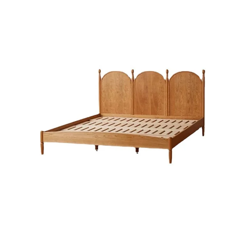 All solid wood cherry wood retro bed small apartment simple master bedroom double bed Nordic black walnut castle bed